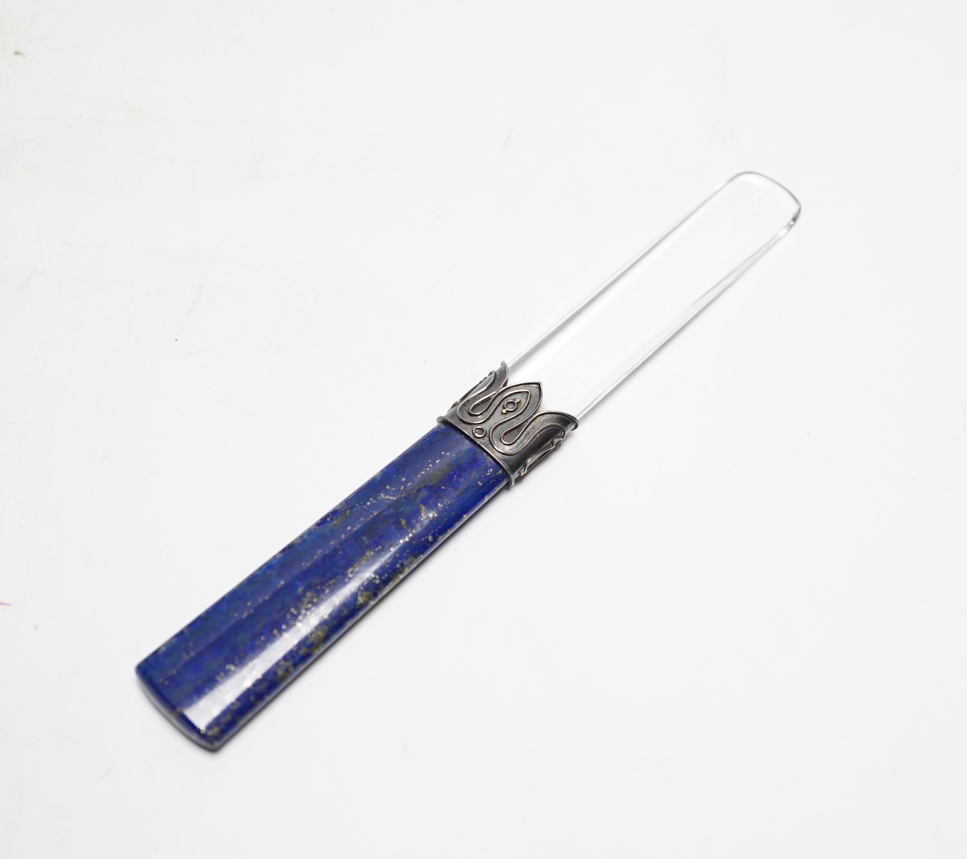 A lapis lazuli handled rock crystal paper knife, 17.9cm.